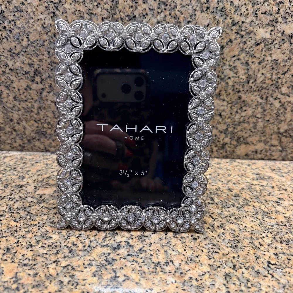 Tahari Home Picture Photo Frame 3.5x5 Silver Jeweled Floral Tabletop Decor